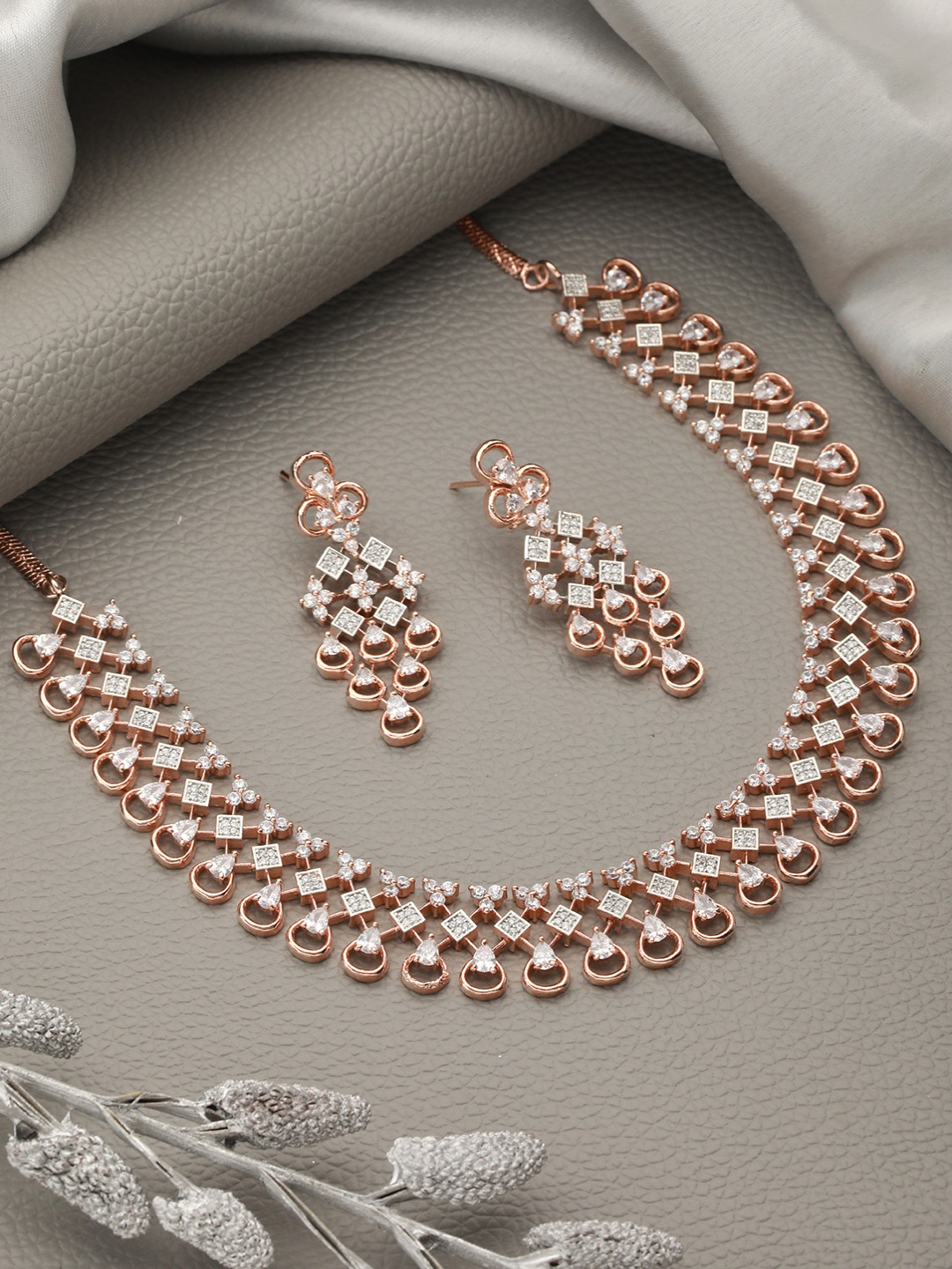 

Saraf RS Jewellery Rose Gold-Plated White AD-Studded Handcrafted Jewellery Set