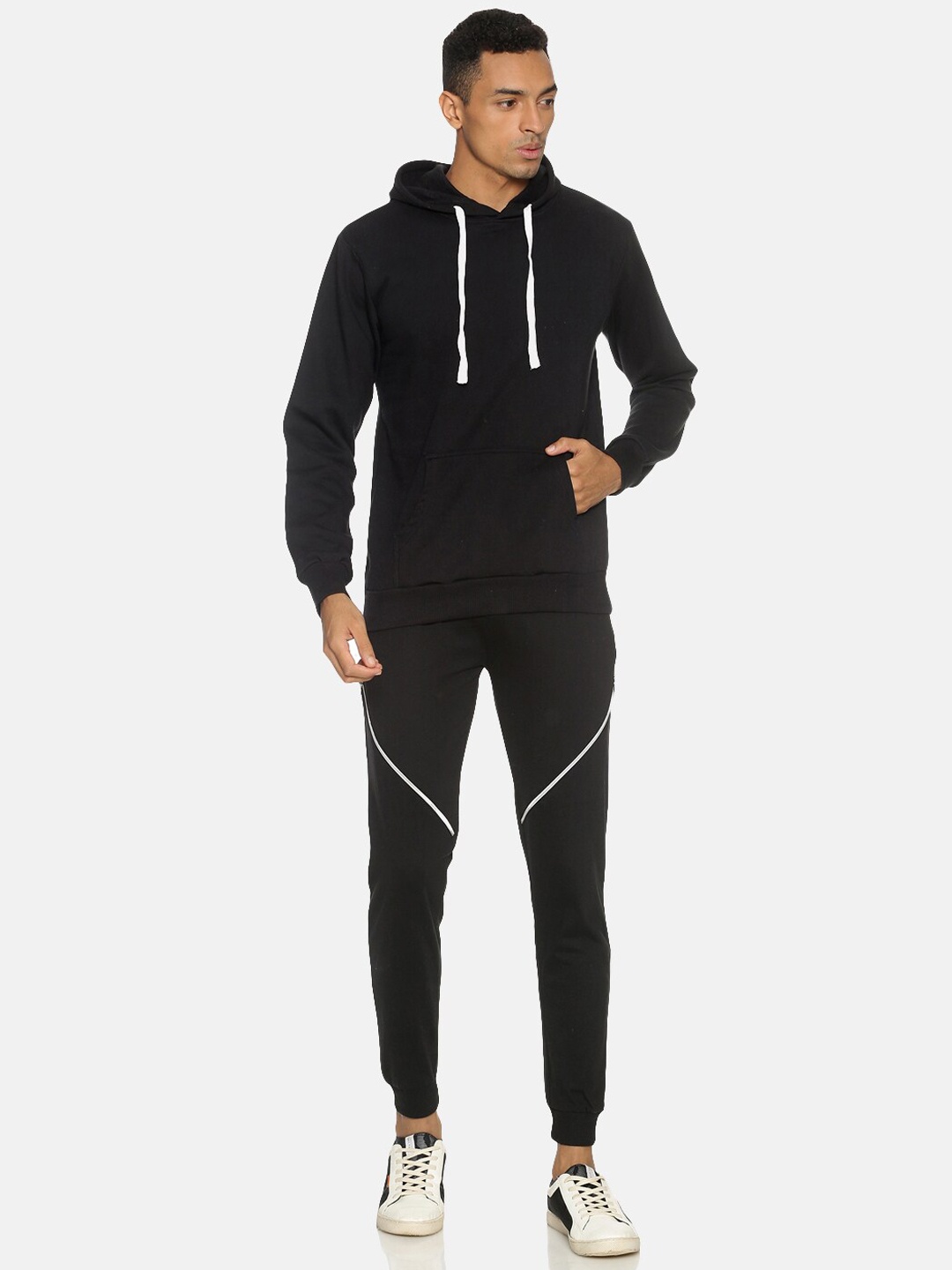 

Campus Sutra Men Black Solid Cotton Hooded Tracksuit
