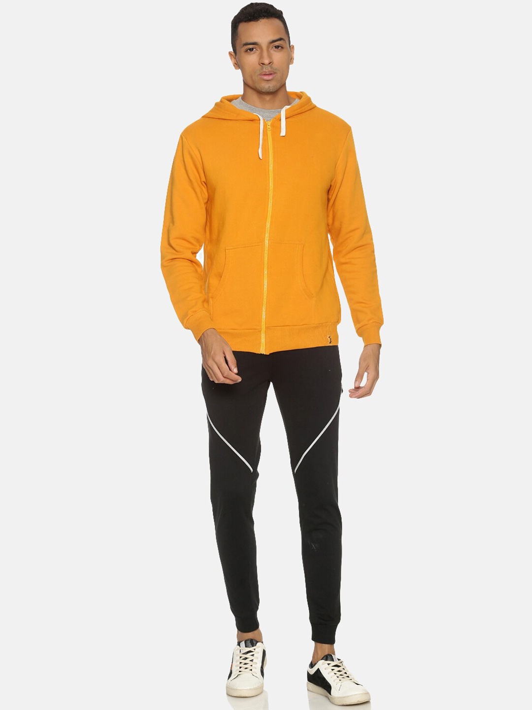 

Campus Sutra Men Mustard Yellow & Black Solid Cotton Hooded Tracksuit