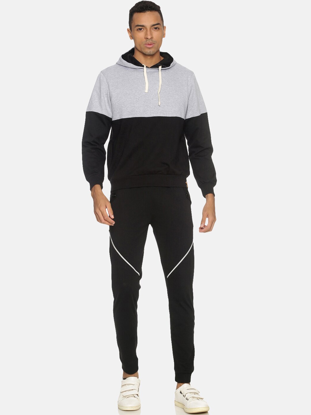 

Campus Sutra Men Black & Grey Cotton Hooded Tracksuit