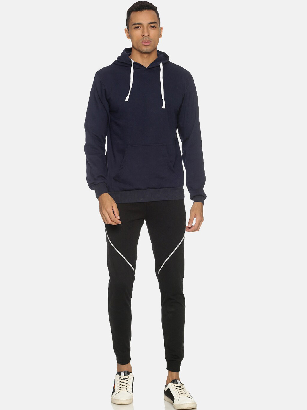 

Campus Sutra Men Navy Blue & Black Solid Cotton Hooded Tracksuit