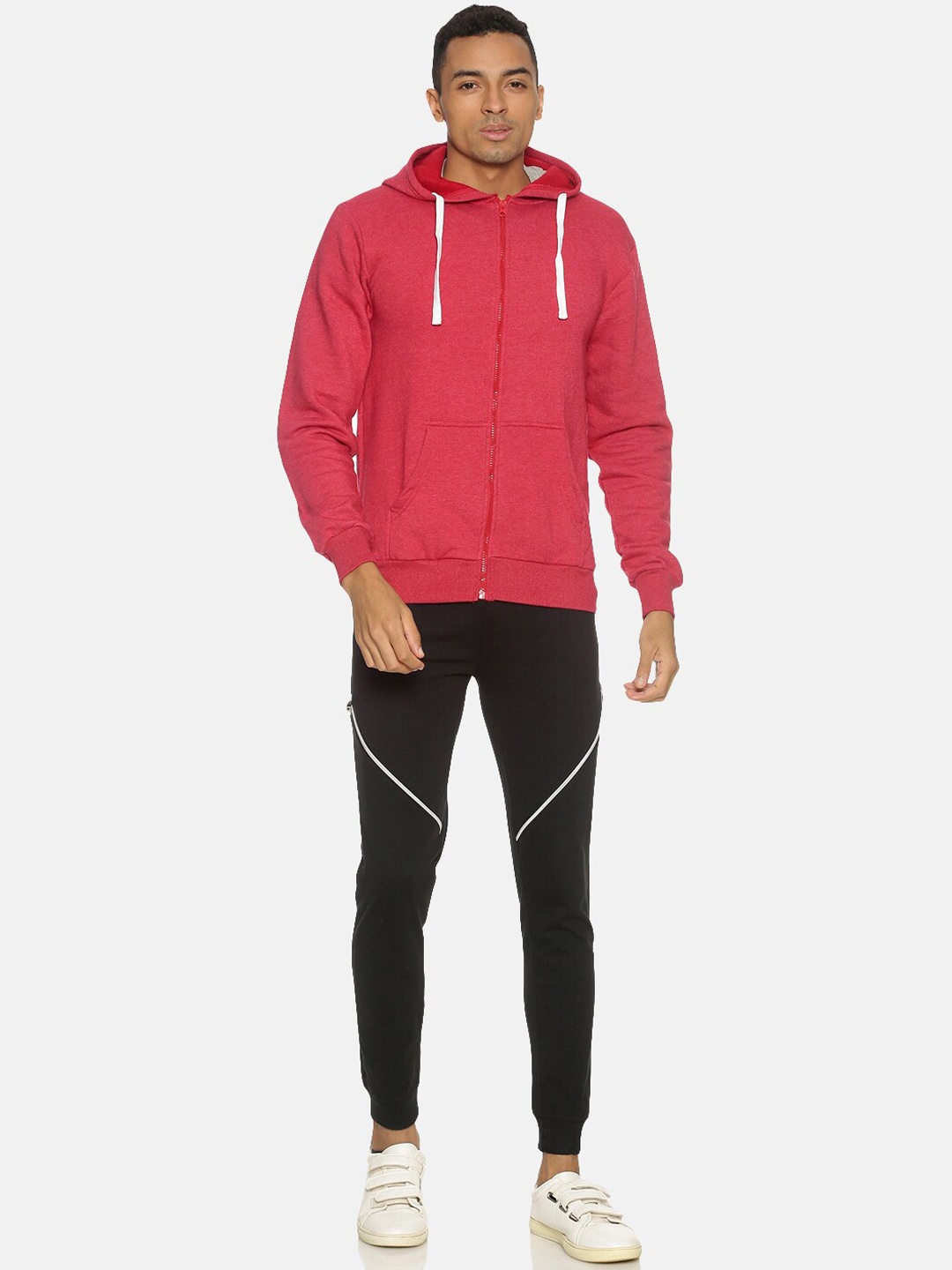 

Campus Sutra Men Red & Black Solid Cotton Hooded Tracksuit