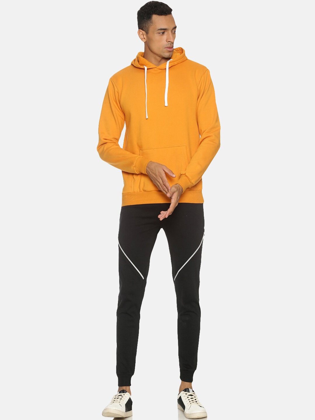 

Campus Sutra Men Mustard Yellow & Black Solid Cotton Hooded Tracksuit