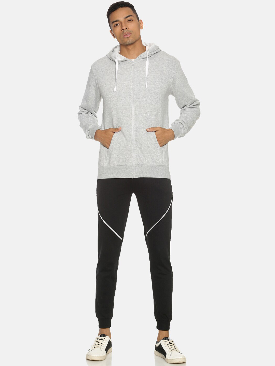 

Campus Sutra Men Grey & Black Solid Cotton Hooded Tracksuit