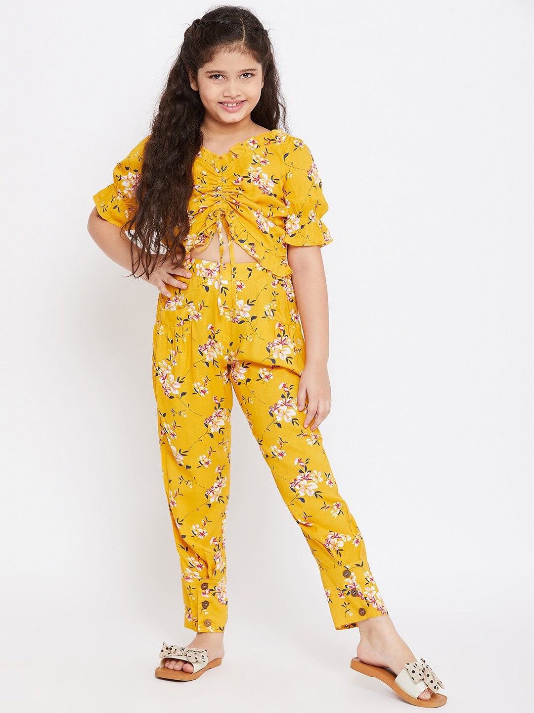 

Stylo Bug Girls Yellow & Off White Printed Top with Trousers