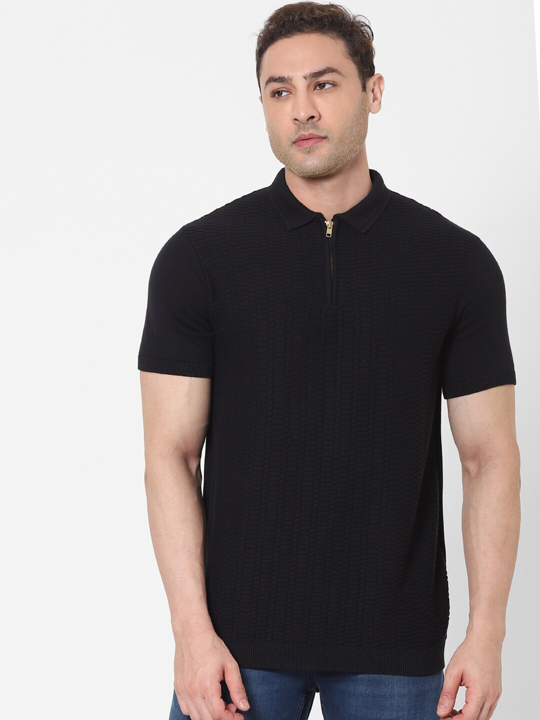 

Celio Men Black Self Designed Polo Collar T-shirt