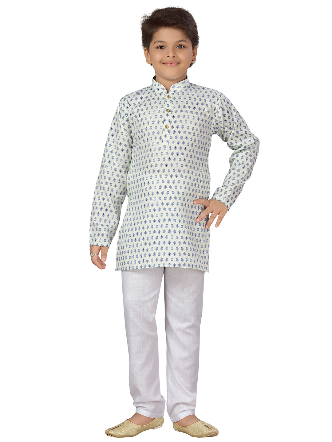 

Aj DEZInES Boys Sea Green Ethnic Motifs Printed Pure Cotton Kurta with Pyjamas