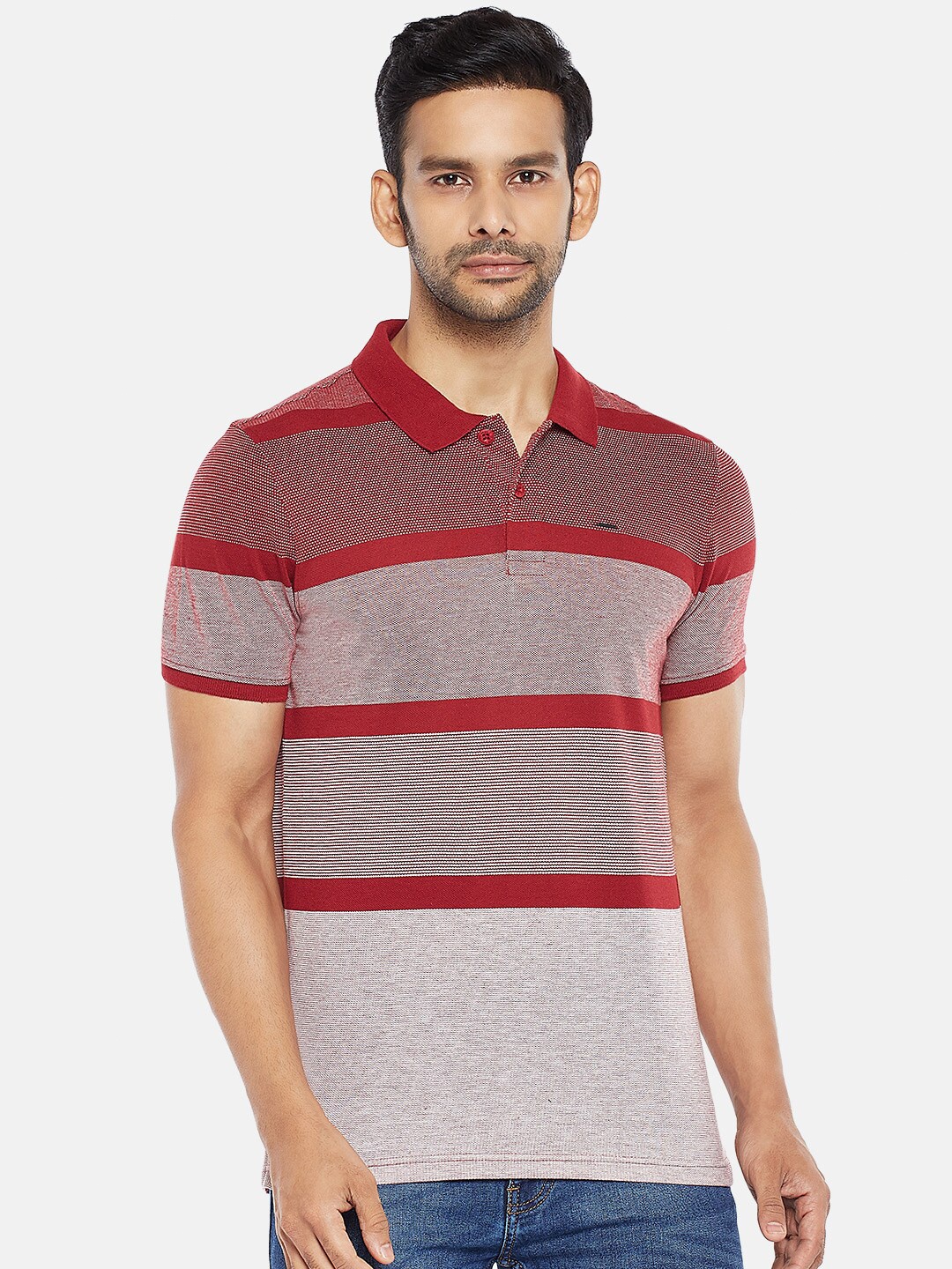 

People Men Red Striped Polo Collar T-shirt