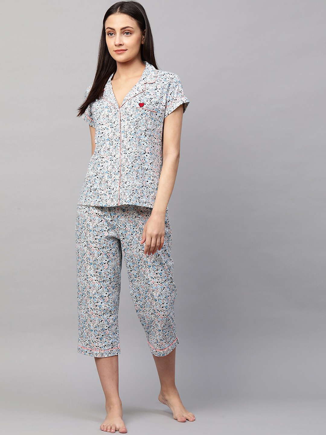 

Chemistry Women Blue & White Printed Night suit