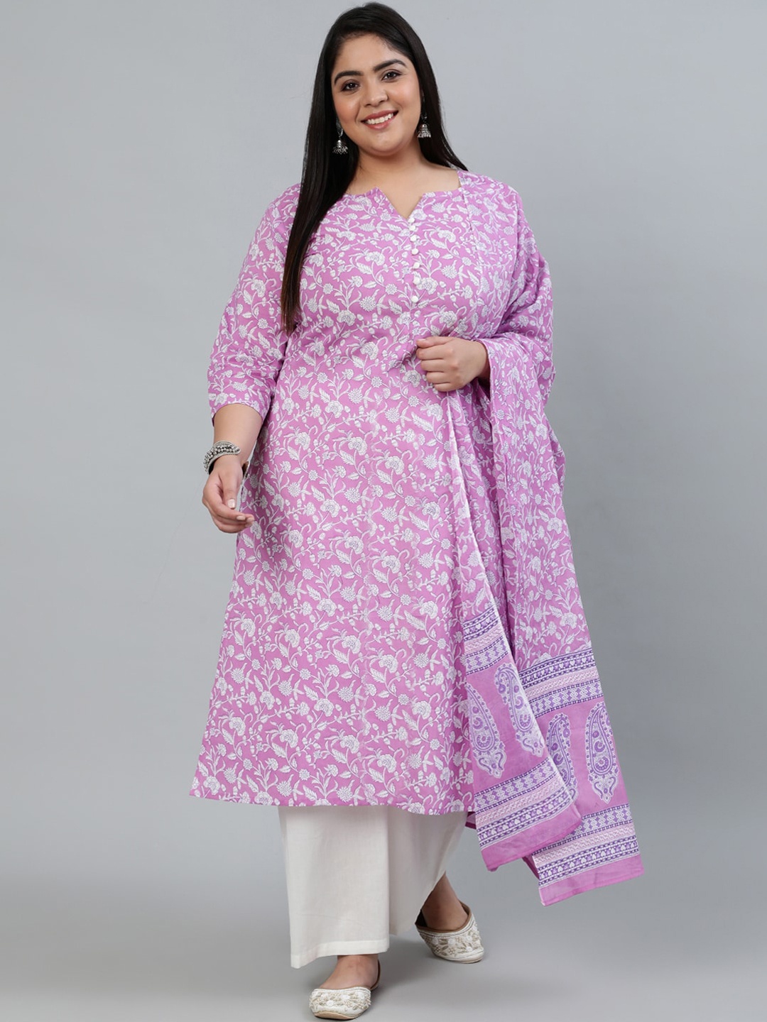 

Nayo Women Purple Floral Printed Pure Cotton Kurta with Palazzos & Dupatta