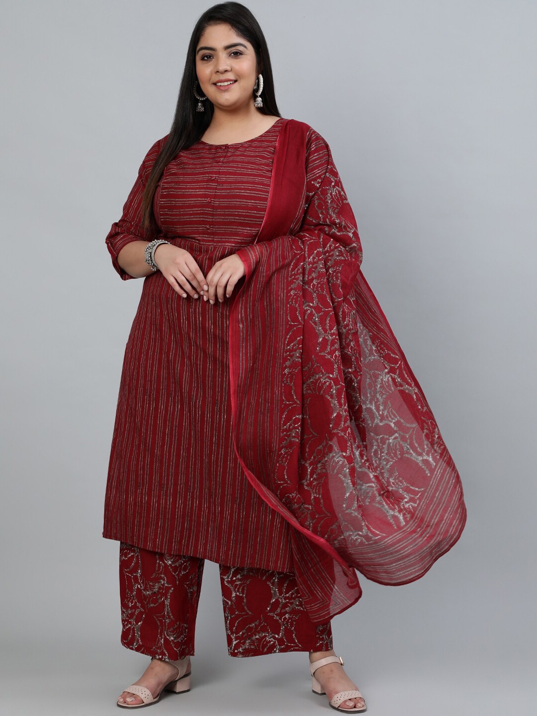 

Nayo Women Maroon Striped Pure Cotton Kurta with Palazzos & Dupatta