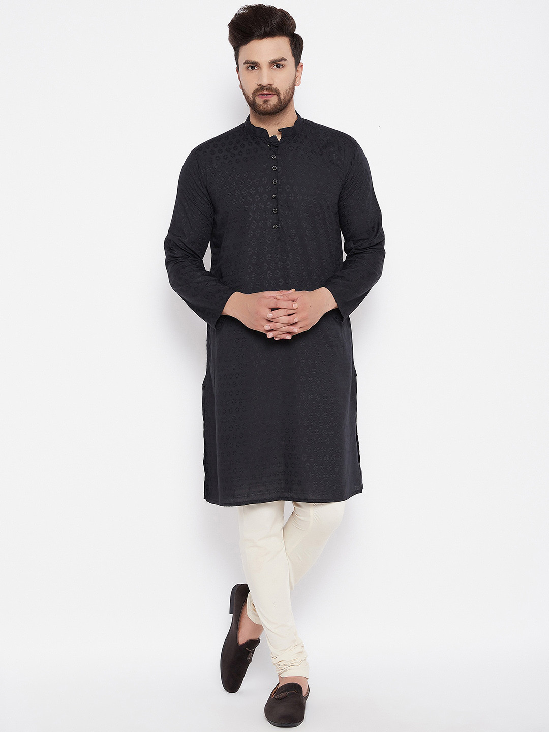 

even Men Black Dobby Woven Design Kurta