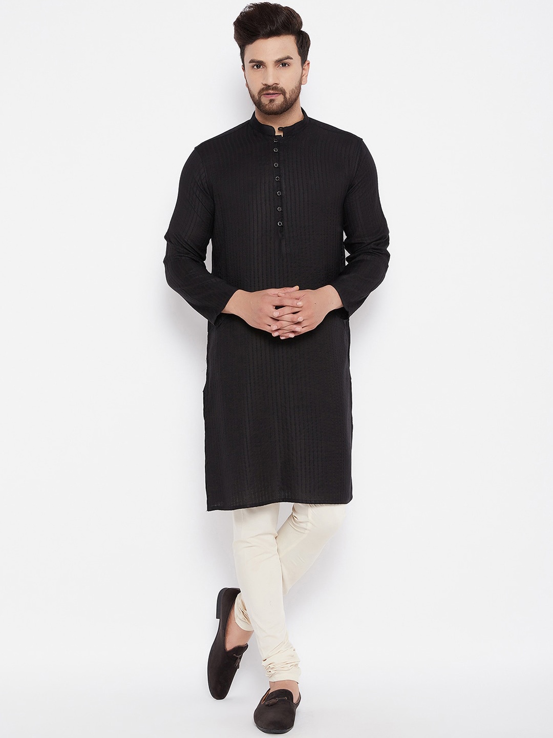 

even Men Black Striped Kurta