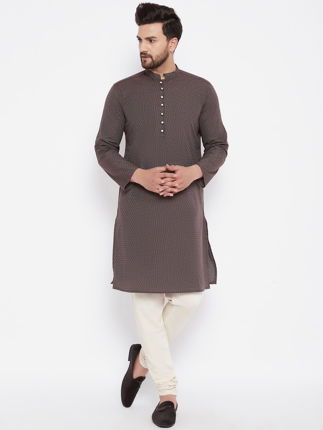 

even Men Brown Ethnic Motifs Dobby Kurta