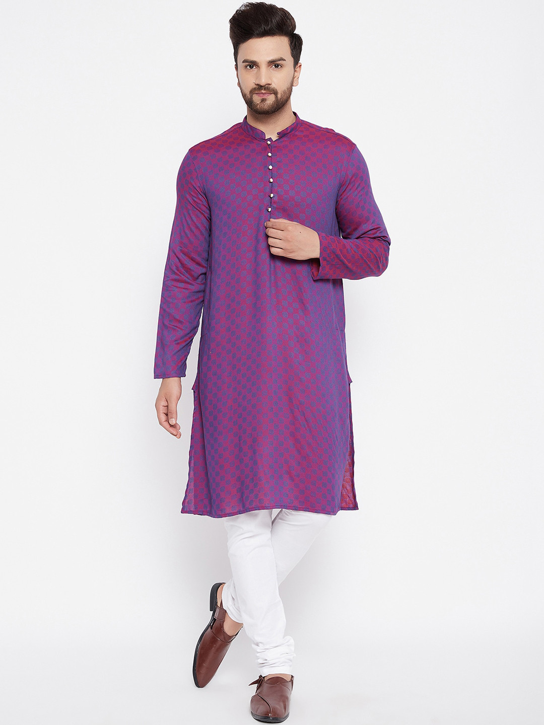

even Men Purple Dobby Woven Design Kurta