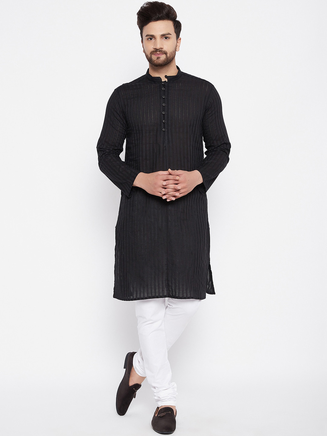 

even Men Black Striped Dobby Kurta
