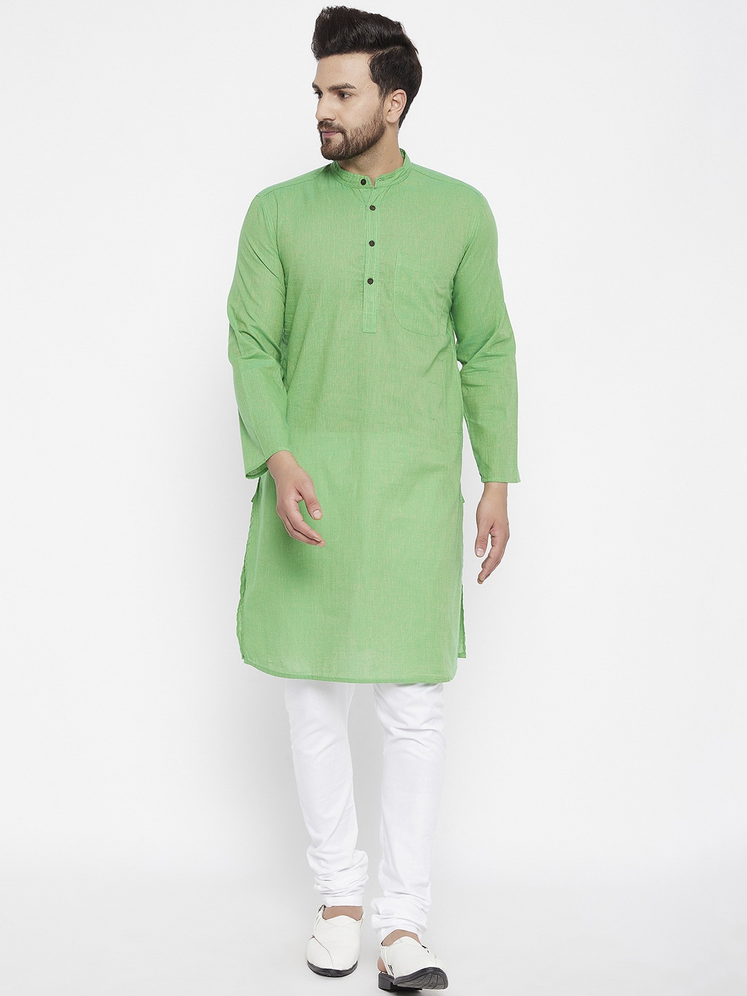 

even Men Solid Green Striped Kurta