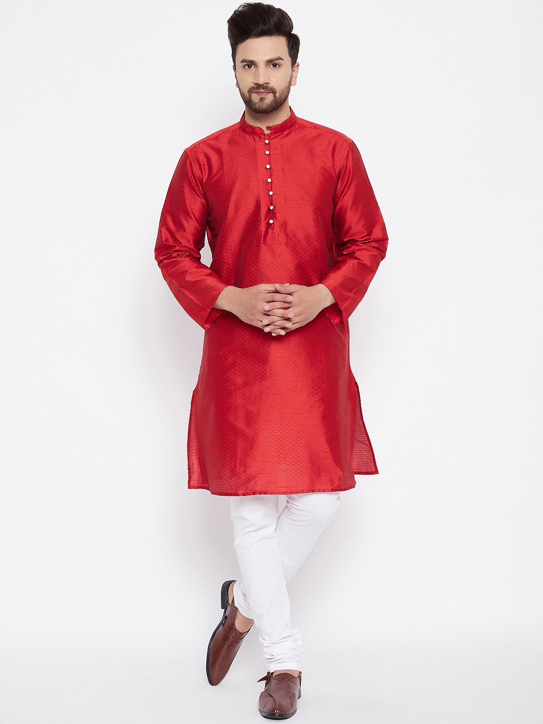 

even Men Red Geometric Printed Dobby Kurta