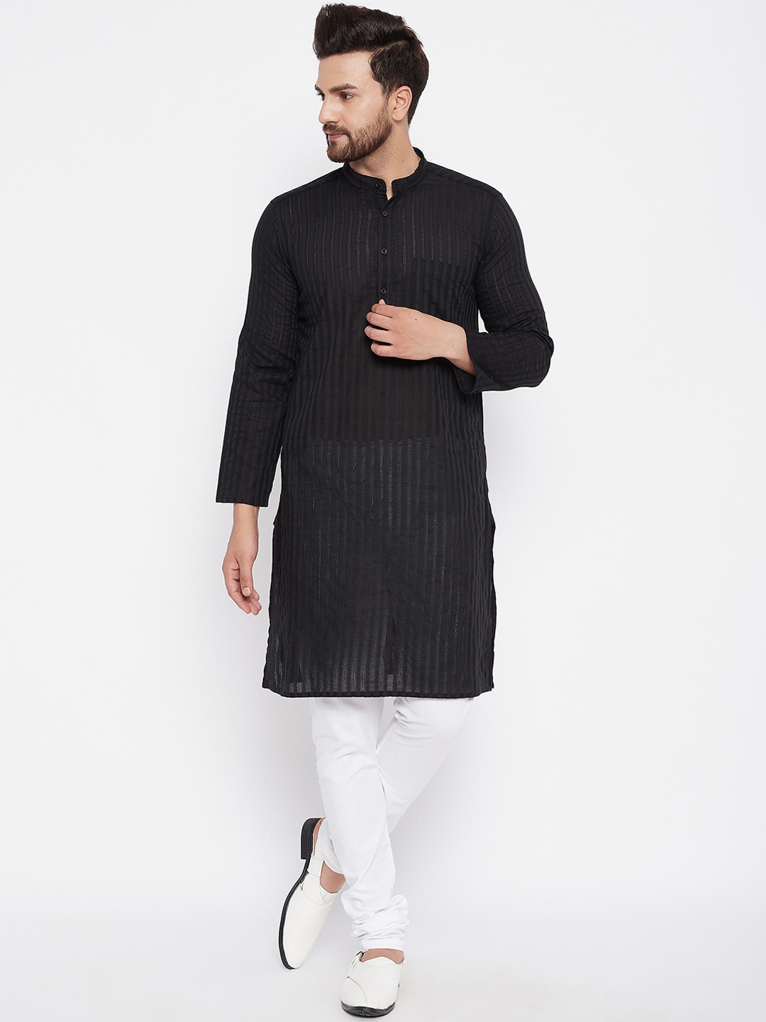 

even Men Black Striped Kurta