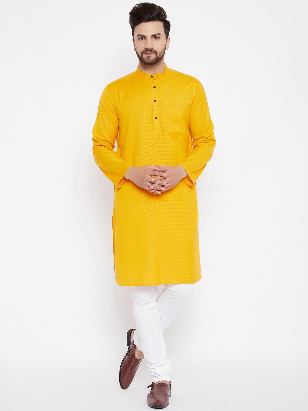 

even Men Solid Yellow Dobby Kurta