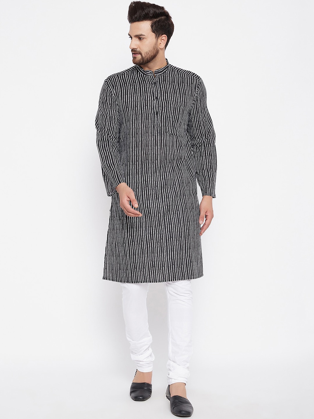 

even Men Black & White Striped Kurta