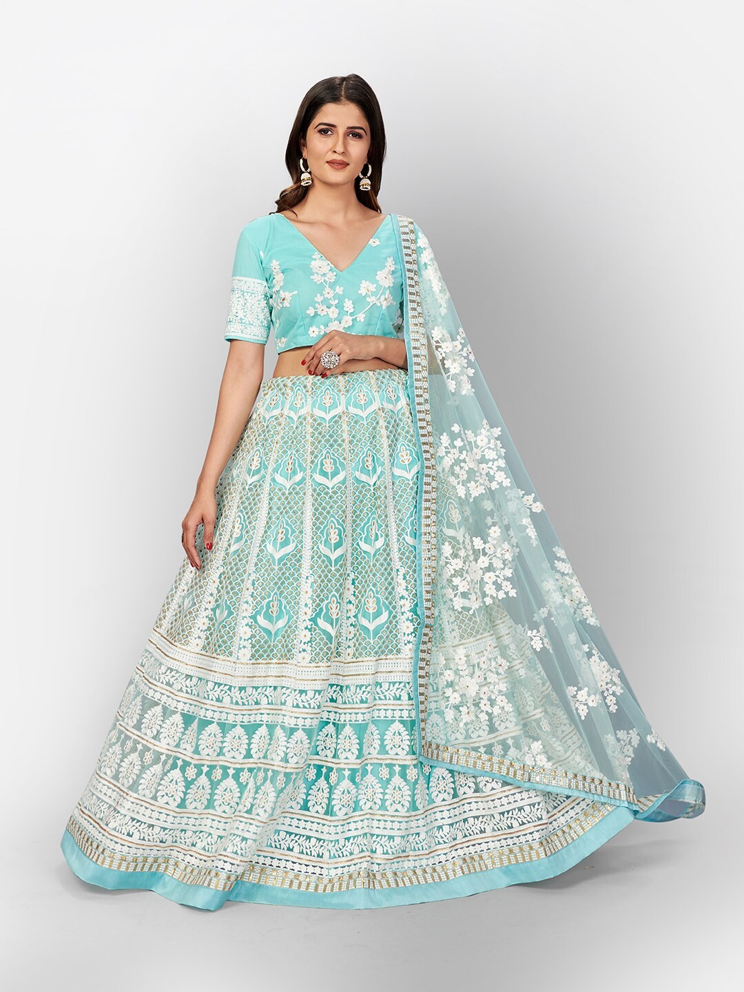 

SHOPGARB Turquoise Blue & White Embroidered Thread Work Semi-Stitched Lehenga & Unstitched Blouse With
