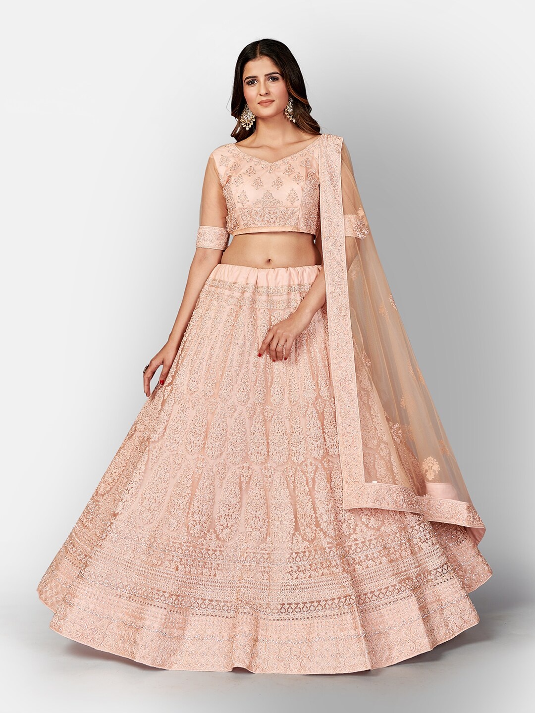 

SHOPGARB Peach-Coloured Embroidered Semi-Stitched Lehenga & Unstitched Blouse With Dupatta