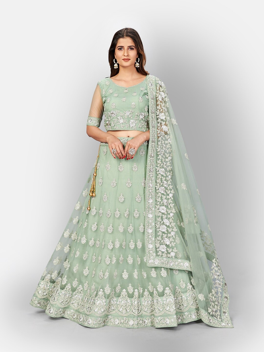 

SHOPGARB Sea Green & Silver-Toned Embroidered Thread Work Semi-Stitched Lehenga & Unstitched Blouse With