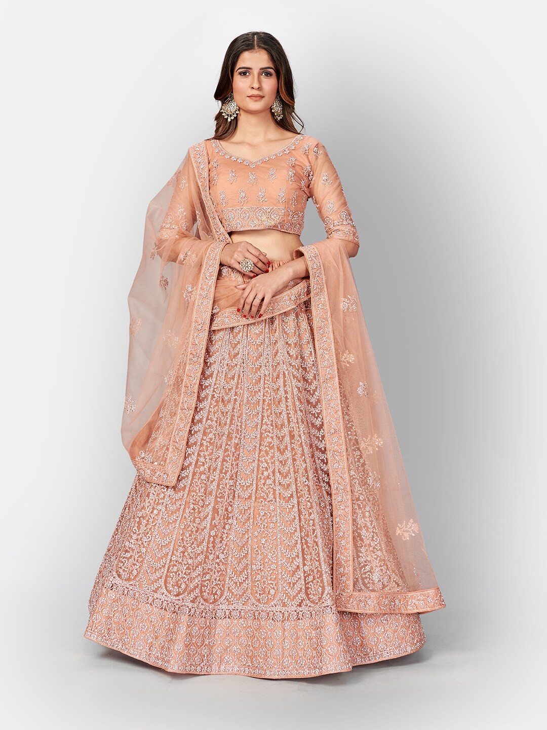 

SHOPGARB Rose Gold & White Embellished Semi-Stitched Lehenga & Unstitched Blouse With