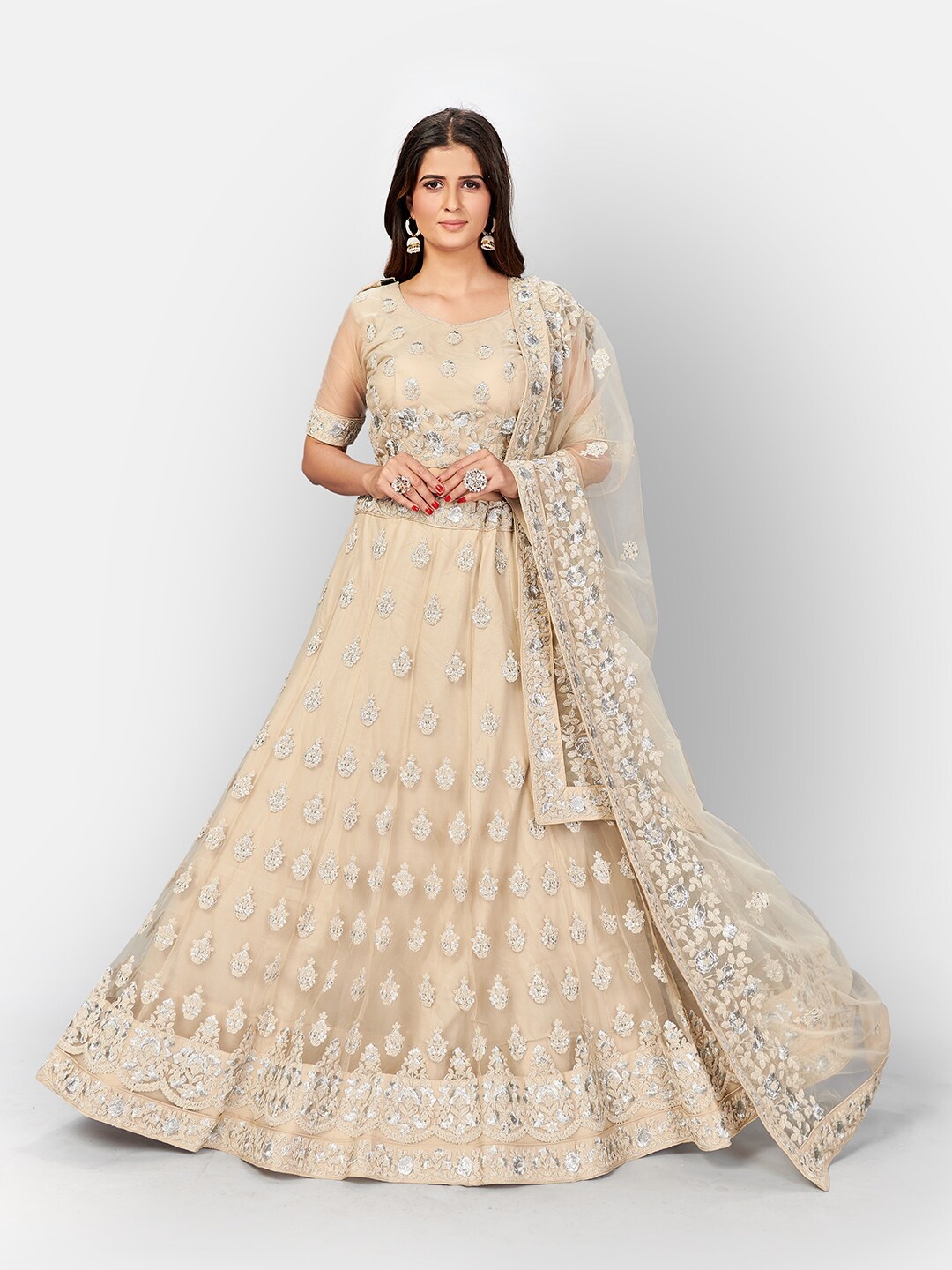 

SHOPGARB Beige & Silver-Toned Embroidered Thread Work Semi-Stitched Lehenga & Unstitched Blouse With Dupatta