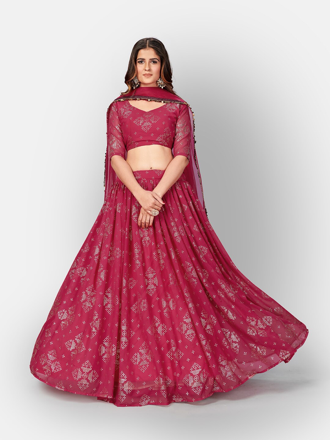 SHOPGARB Pink Embellished Mukaish Semi-Stitched Lehenga & Unstitched Blouse With Dupatta