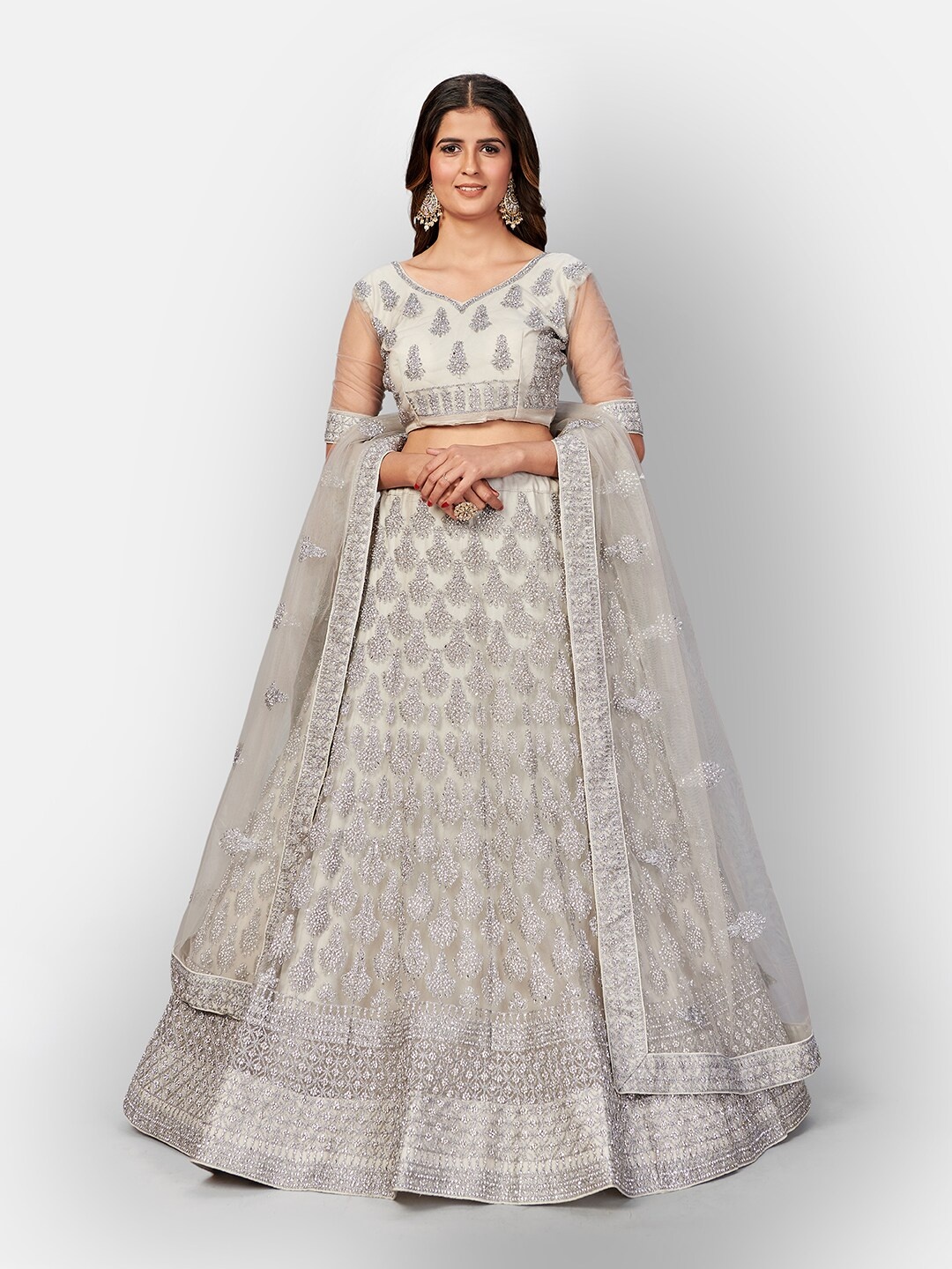 

SHOPGARB Grey & White Embellished Beads and Stones Semi-Stitched Lehenga & Unstitched Blouse With Dupatta