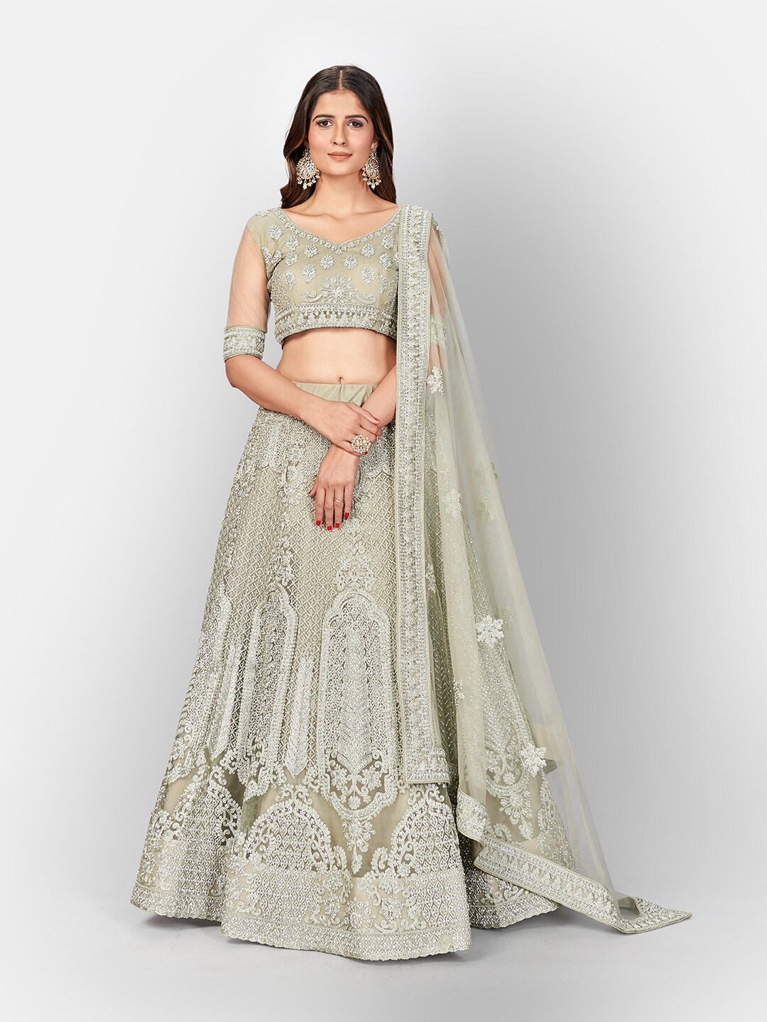 

SHOPGARB Sea Green & White Embellished Beads and Stones Semi-Stitched Lehenga & Unstitched Blouse With