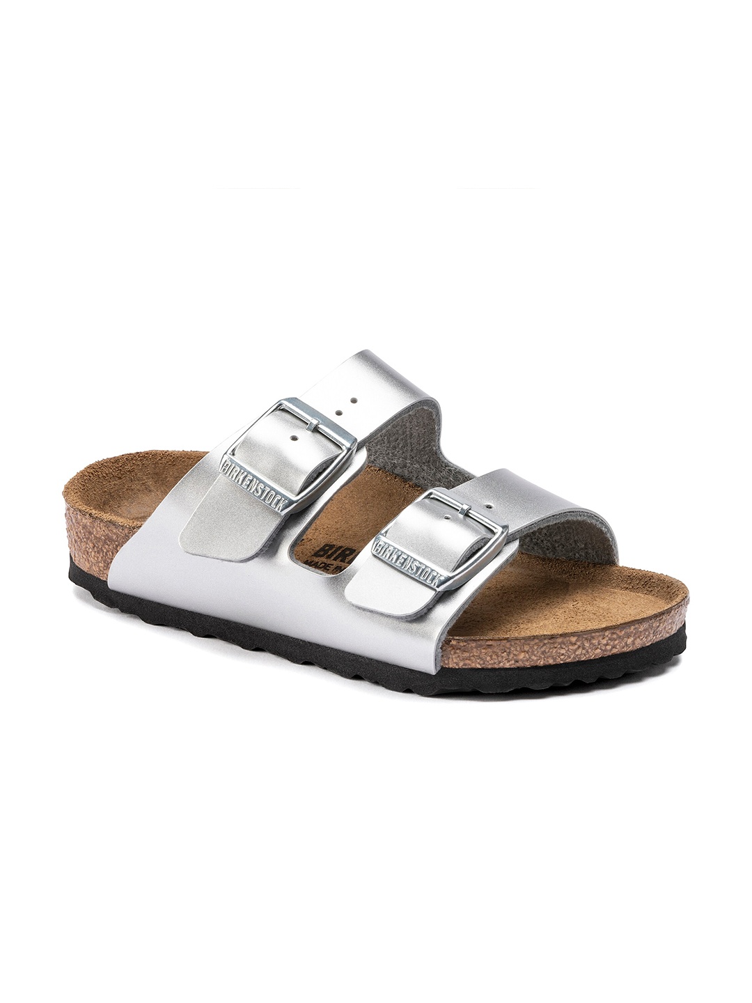 

Birkenstock Arizona Electric Metallic Silver Narrow Width Birko-Flor Two-Strap Sandals