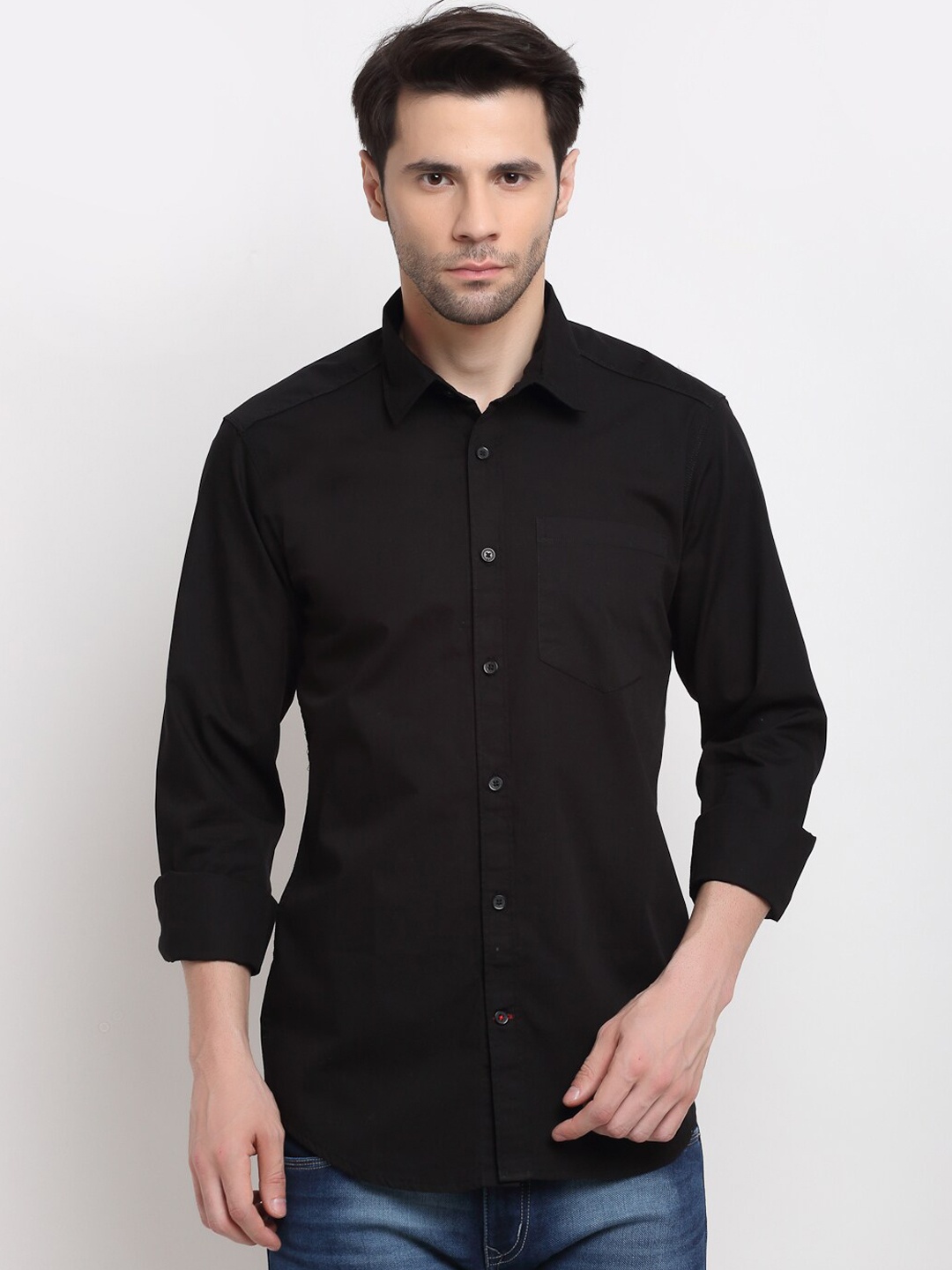 

Cross Court Men Black Solid Cotton Casual Shirt
