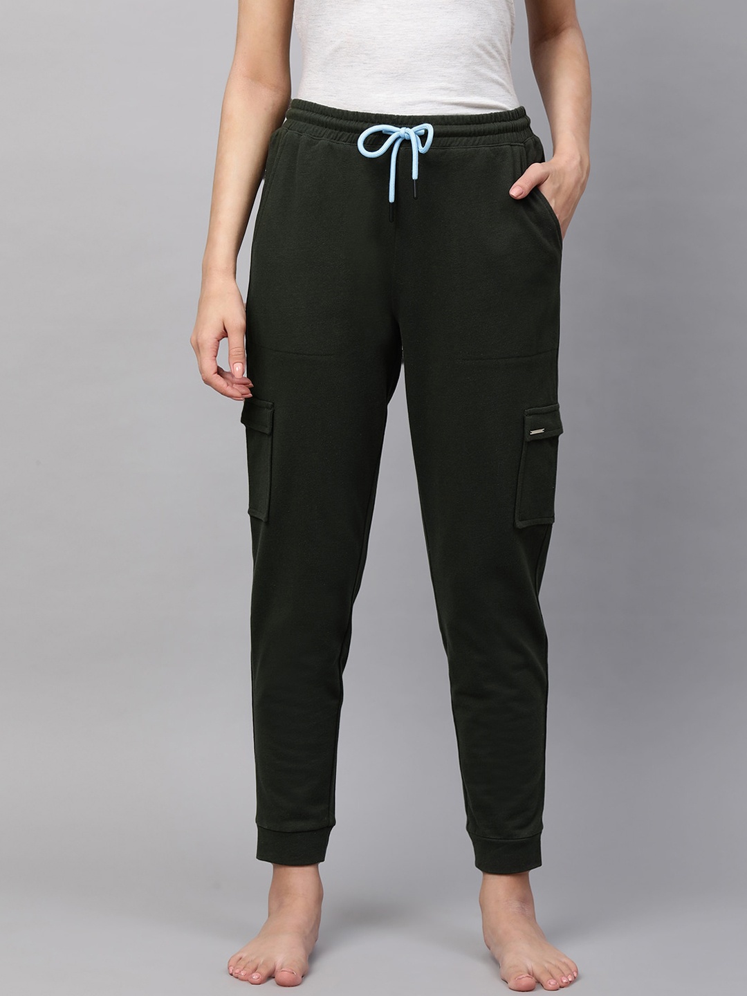 

Chemistry Women Olive Solid French Terry Cargo Joggers