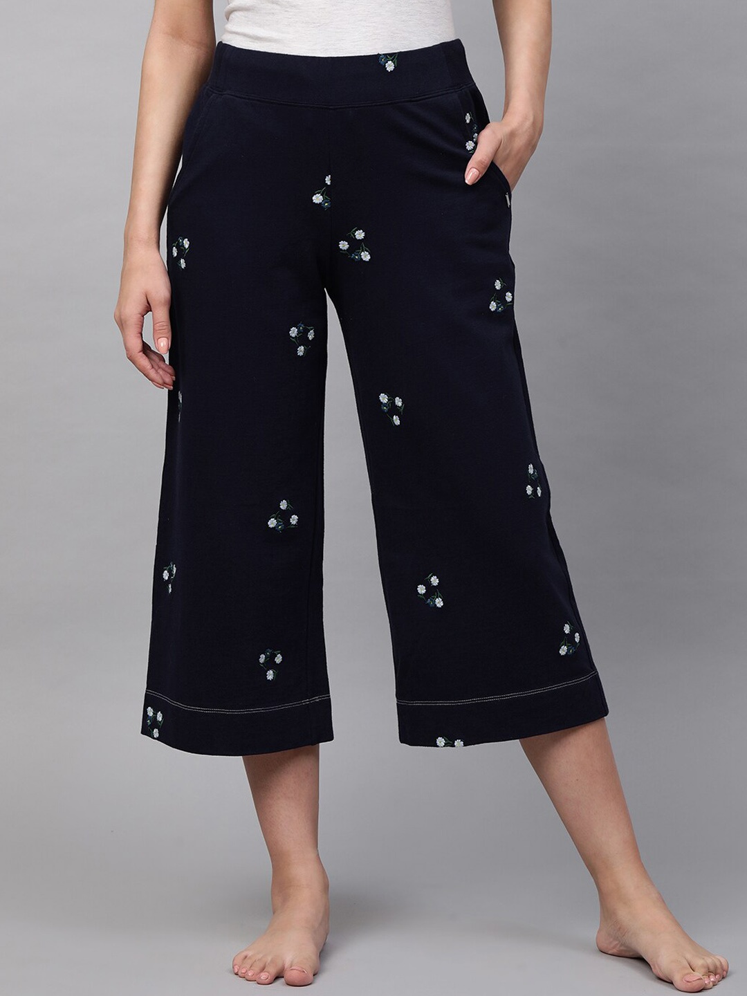 

Chemistry Women Navy Blue & White Embroidered Pure Cotton Wide Leg Lounge Pants