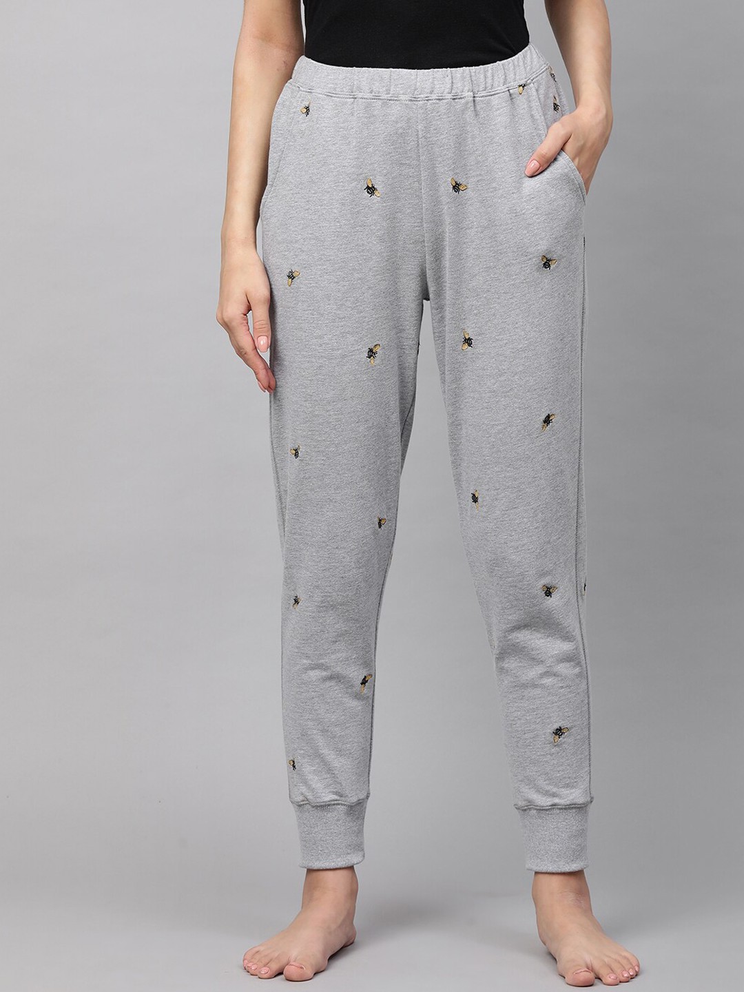 

CHEMISTRY Women Grey Melange Printed Loose Fit Cotton Joggers