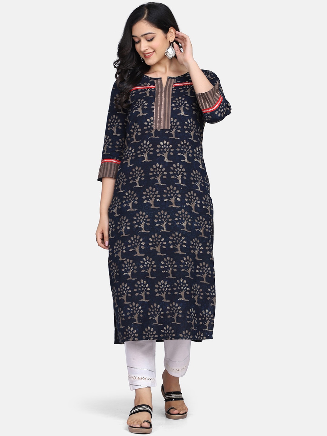 

Mirraw Women Navy Blue and Brown Ethnic Motifs Handblock Printed Kurta