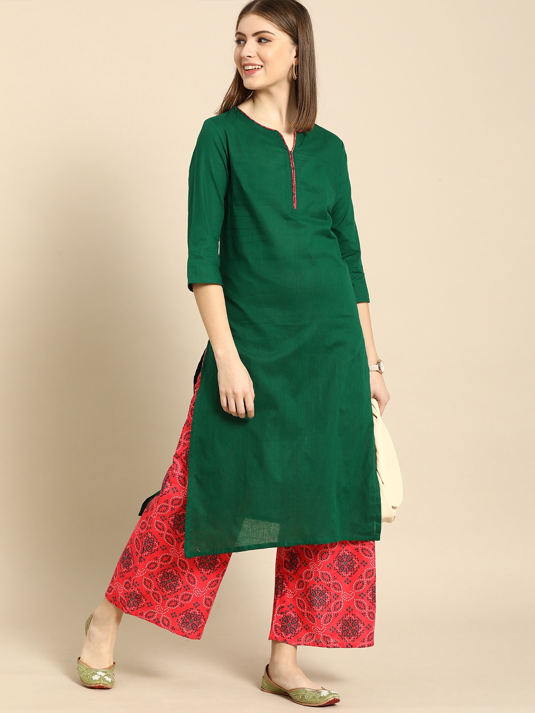 

Anouk Women Green & Red Solid Pure Cotton Kurta with Printed Palazzos