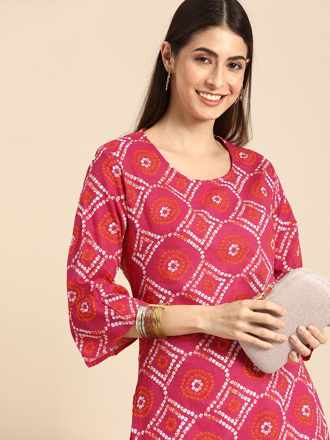 

Anouk Women Pink & White Bandhani Printed Kurta