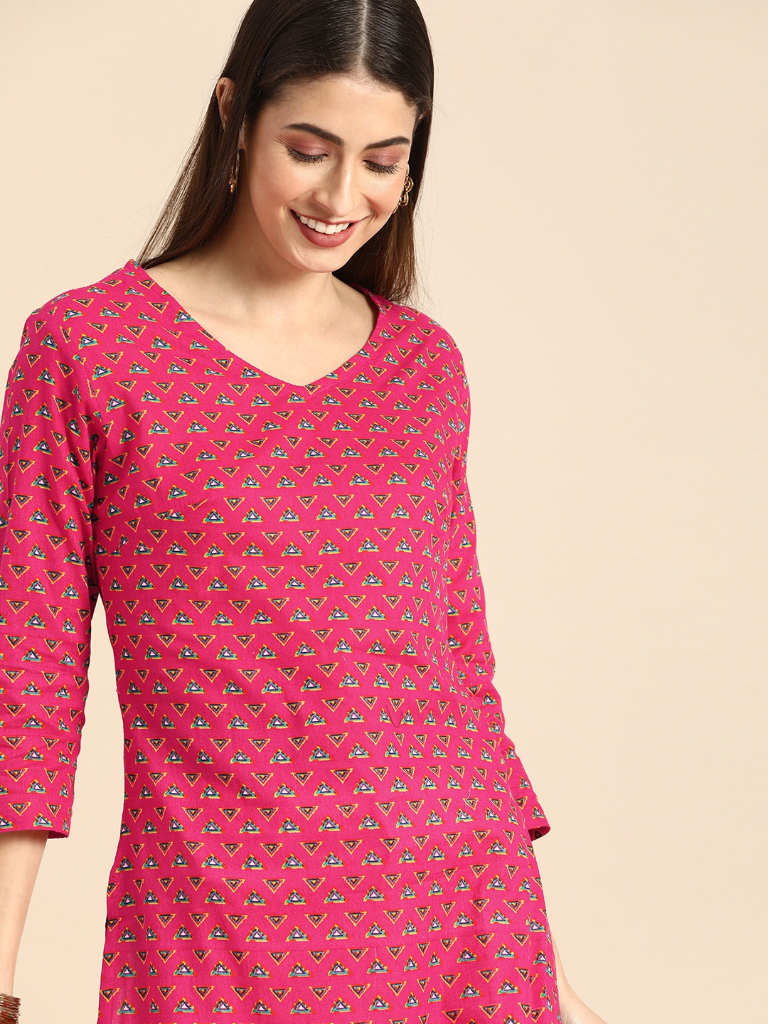 Anouk Women Pink & Blue Geometric Printed Kurta