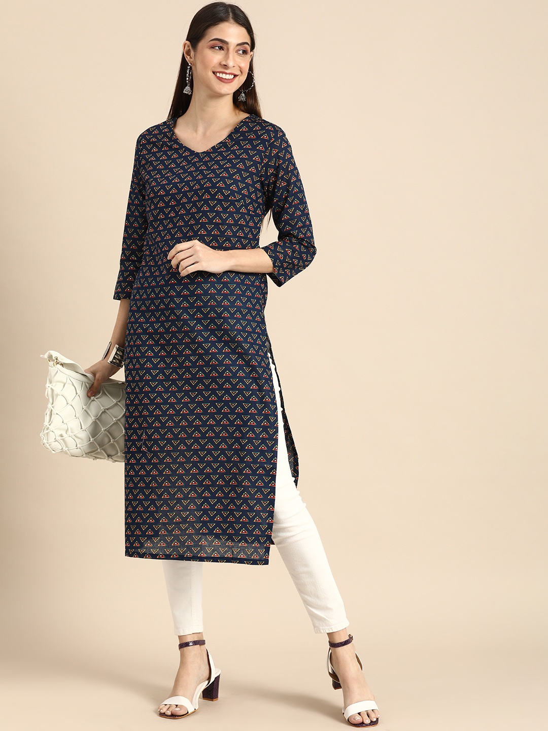 

Anouk Women Navy Blue & Red Geometric Printed Kurta