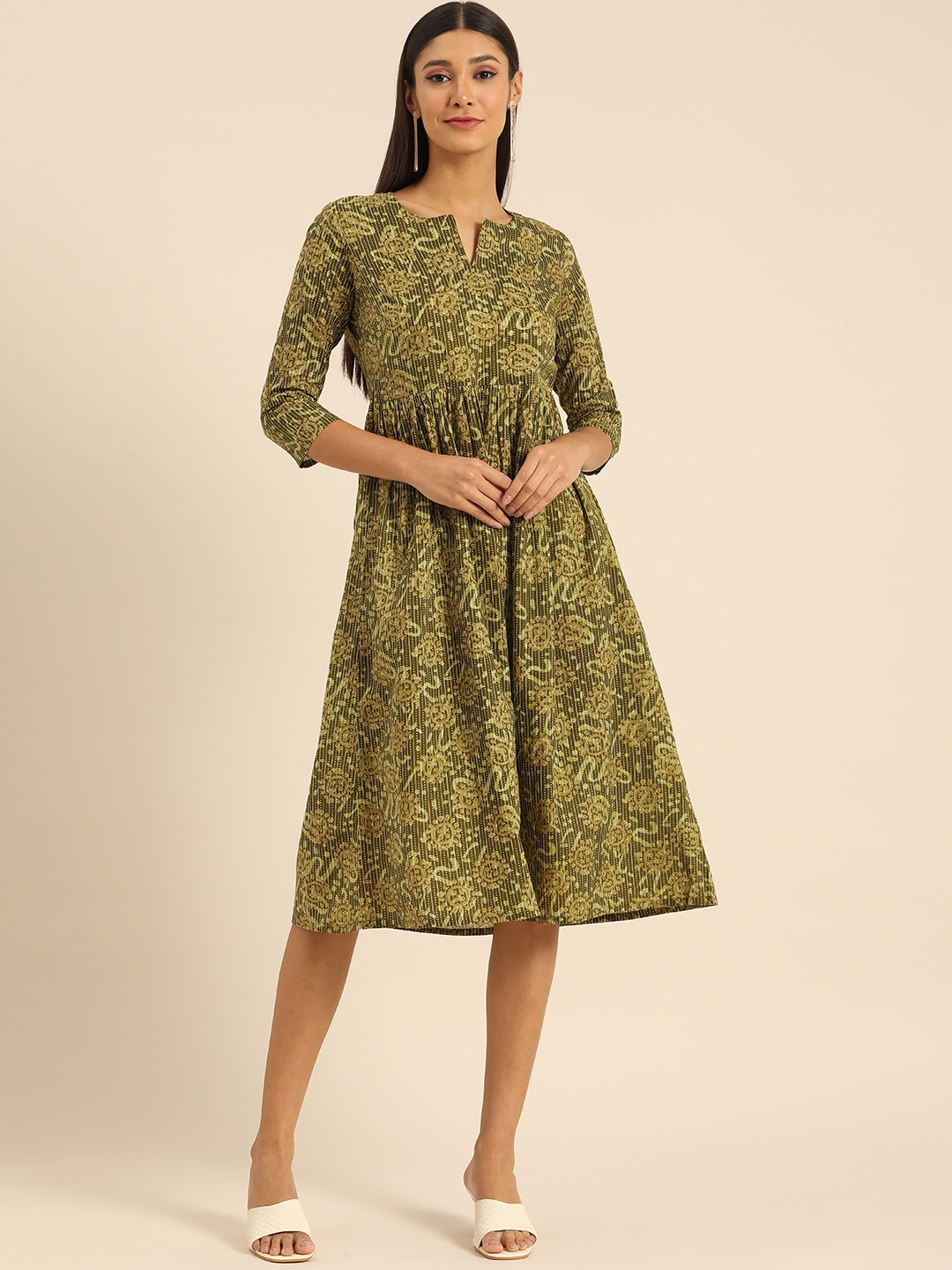 

Anouk Women Olive Green & White Floral Printed Fit And Flare Dress