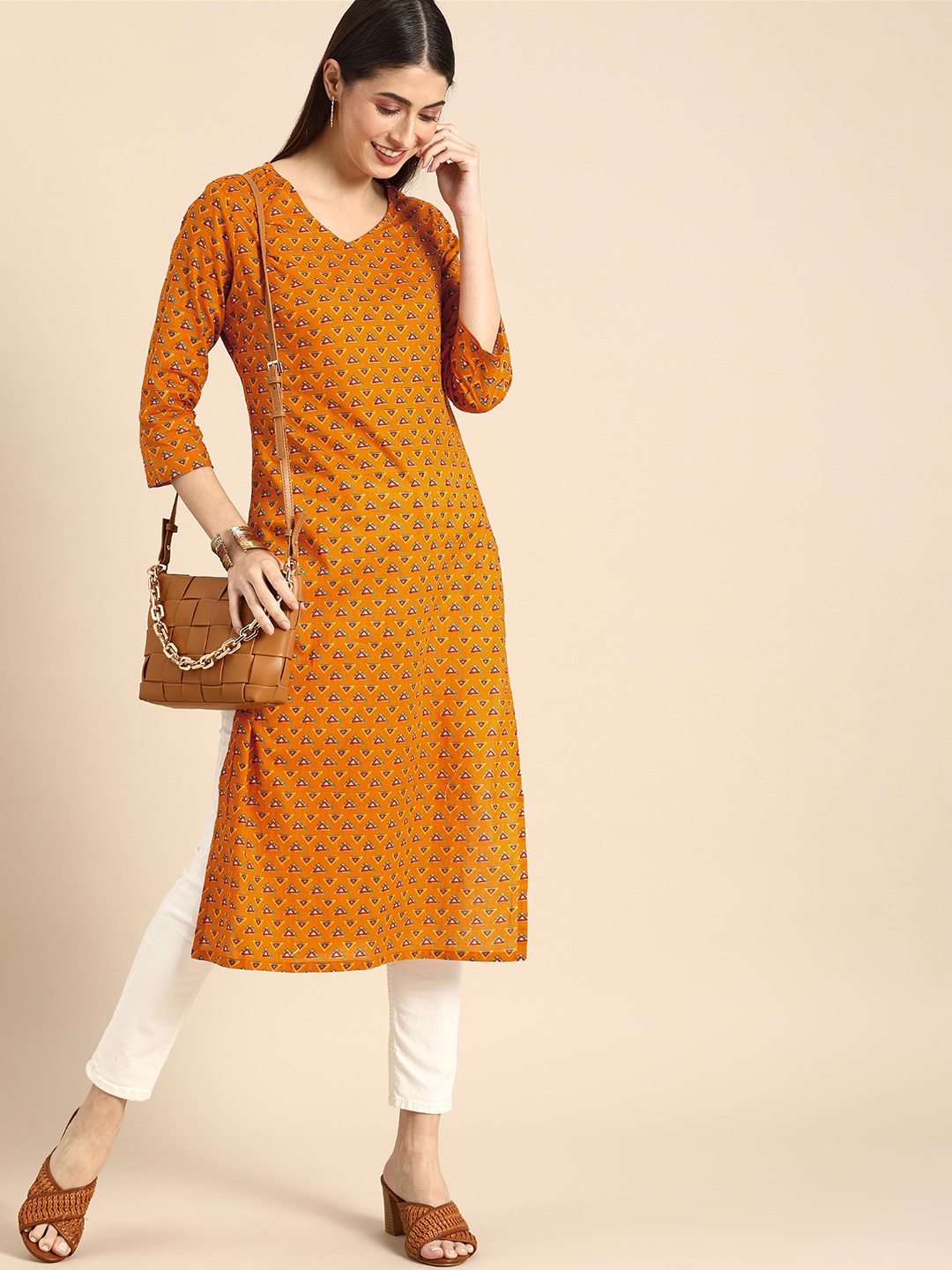 

Anouk Women Mustard Yellow & Red Geometric Printed Kurta