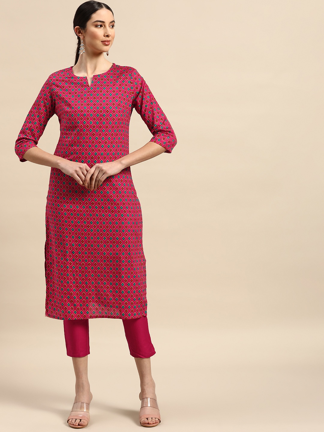 

Anouk Women Pink & Blue Printed Regular Kurta with Trousers