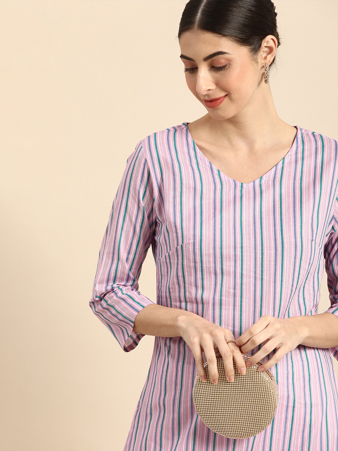 

Anouk Women Pink & Blue Striped Kurta