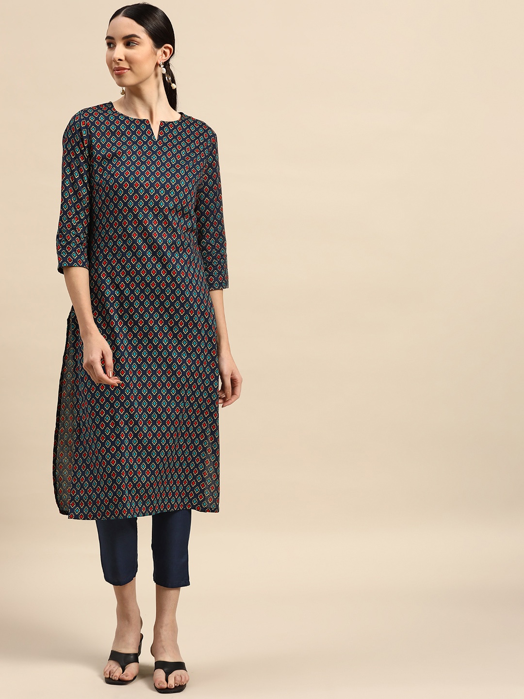 

Anouk Women Navy Blue & Red Pure Cotton Printed Regular Kurta with Trousers