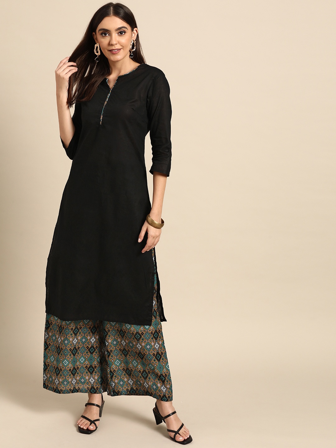 

Anouk Women Black & Teal Green Pure Cotton Solid Kurta with Printed Palazzos