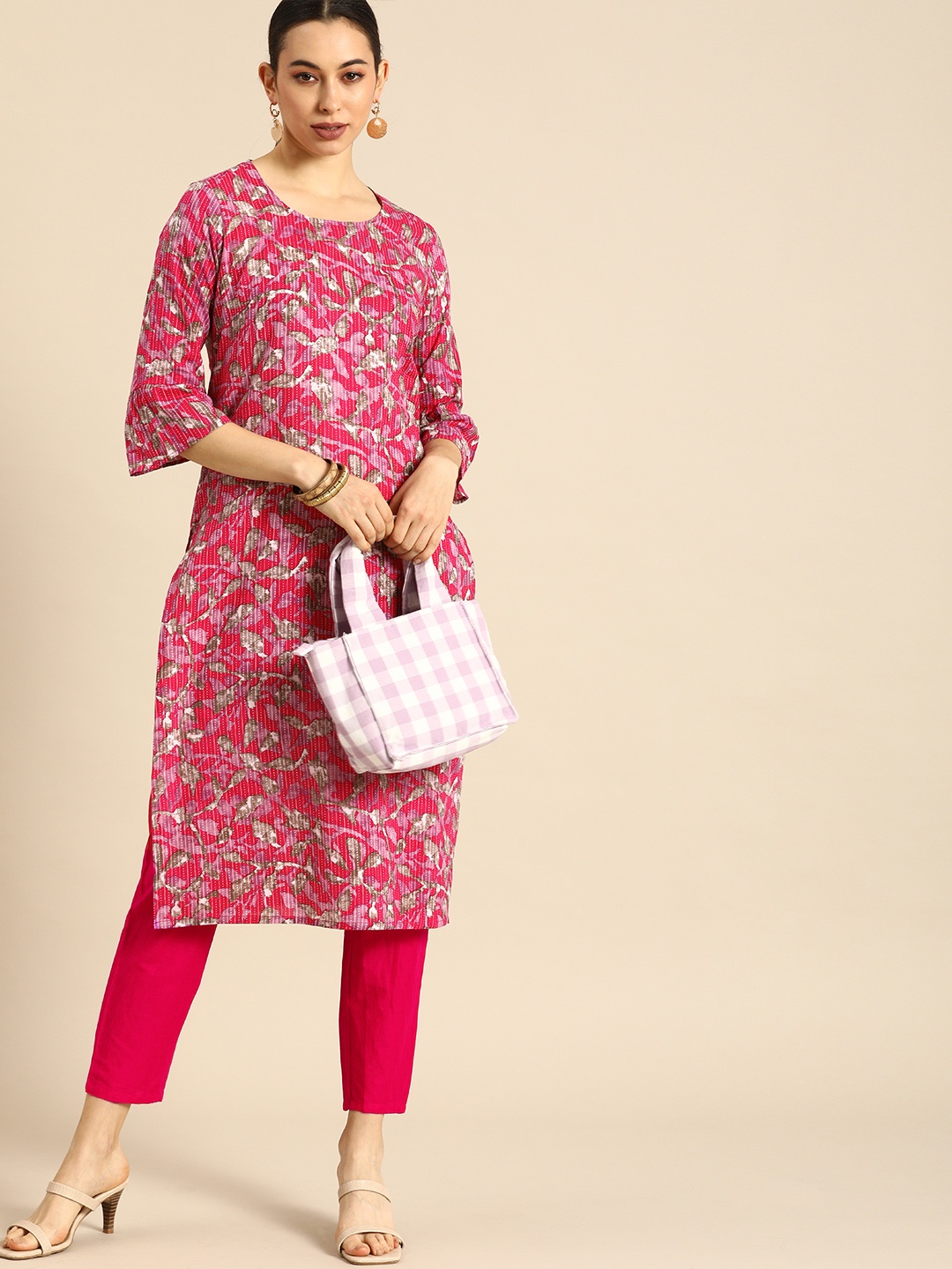 

Anouk Women Fuchsia Pink Printed Regular Pure Cotton Kurta with Solid Trousers